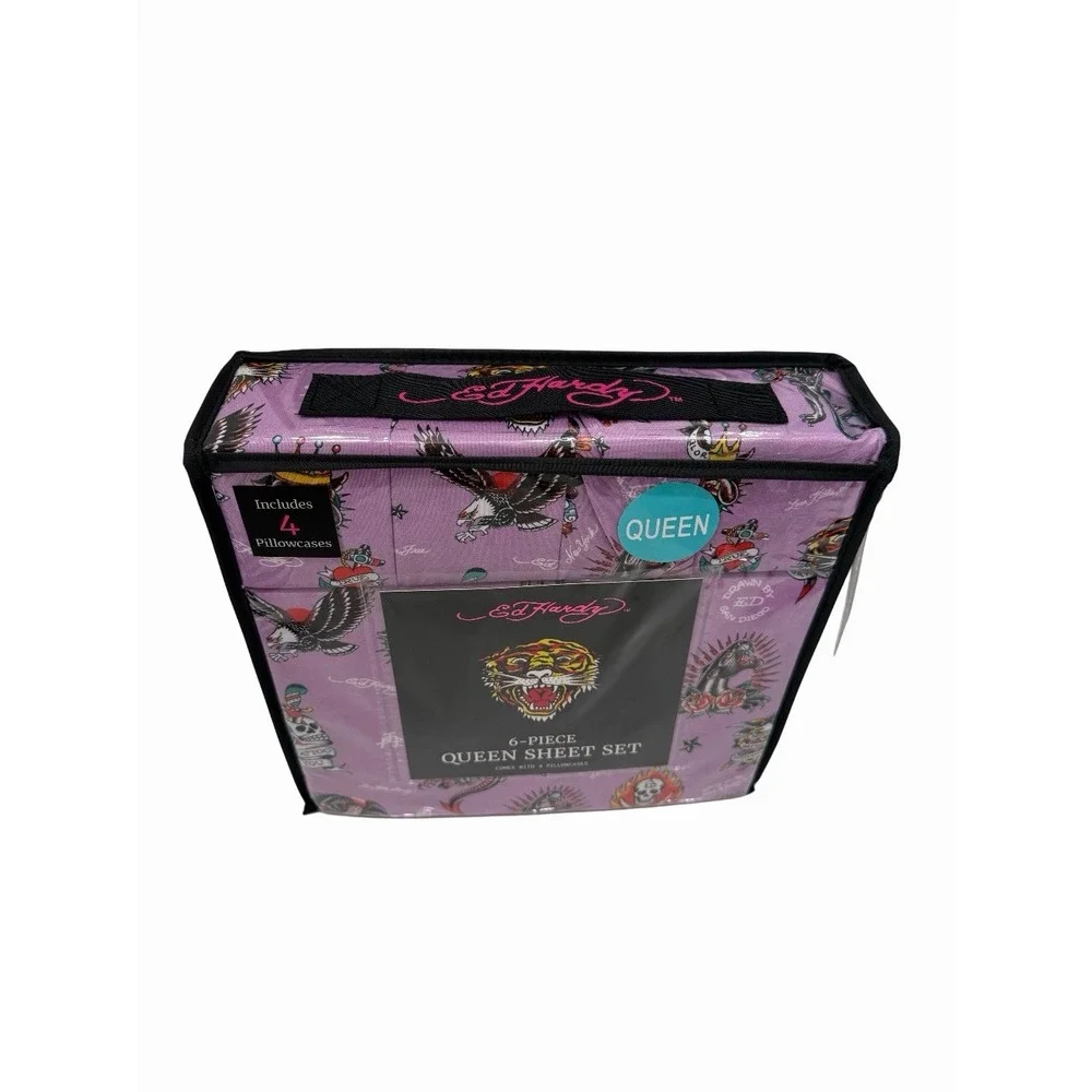 Ed Hardy 6-Piece Queen Size Sheet Set Purple Dragon Tiger Print New